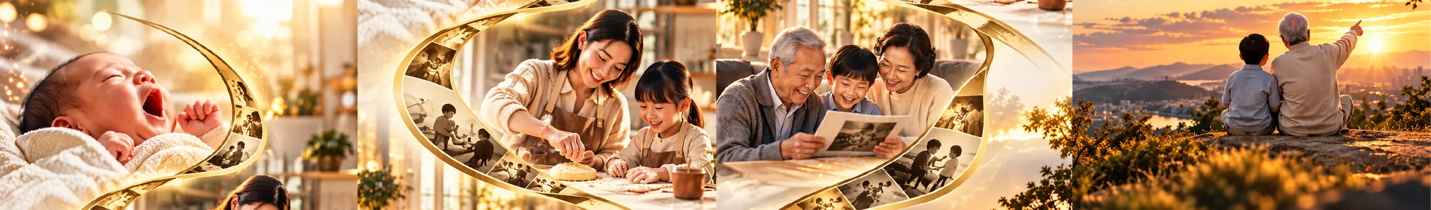A lifetime of moments: a newborn's first cry, a mother baking with her daughter, grandparents sharing old photos, and a grandfather with his grandson at sunset