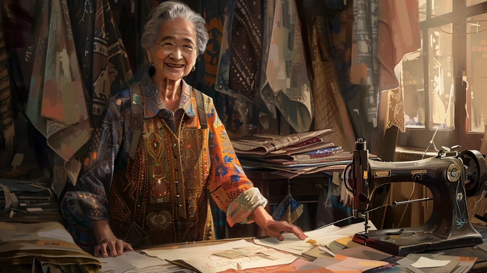 An elderly woman smiling in her tailoring workshop